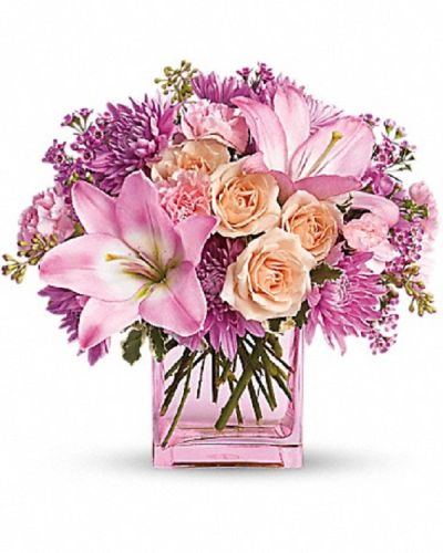 <div class="m-pdp-tabs-description">
<div id="mark-1" class="m-pdp-tabs-marketing-description">
<p data-start="161" data-end="388">Surprise someone with a bouquet that is as pretty as a dream and filled with delightful charm. The <em data-start="260" data-end="275">Possibly Pink</em> arrangement is a graceful expression of beauty and thoughtfulness, perfect for brightening any special occasion.</p>
<p data-start="390" data-end="677">This elegant bouquet features peach roses, pink Asiatic lilies, miniature carnations, lavender cushion spray chrysanthemums, and waxflower. Accented with pittosporum and seeded eucalyptus, the flowers are artfully arranged in a sleek glass cube, creating a fresh and modern presentation.</p>
<p data-start="679" data-end="913">Ideal for birthdays, anniversaries, or simply to say “I’m thinking of you,” <em data-start="755" data-end="770">Possibly Pink</em> offers a soft and soothing palette that conveys warmth and affection. Its delicate colors and textures make it a versatile and memorable gift.</p>
<p data-start="915" data-end="1185">Each <em data-start="920" data-end="935">Possibly Pink</em> bouquet is handcrafted by the expert florists at Rosa’s La Hacienda, your trusted local florist in Boca Raton. We provide same-day delivery throughout Boca Raton and surrounding communities, ensuring your gift arrives fresh and beautifully arranged.</p>
<p data-start="1187" data-end="1360">Add a personal message at checkout to accompany your bouquet. With <em data-start="1254" data-end="1269">Possibly Pink</em>, you’re sending more than flowers—you’re sending a beautiful moment full of hope and care.</p>
</div>
</div>