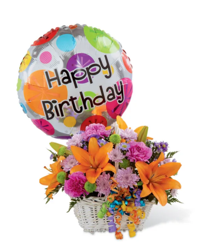 <p data-start="137" data-end="469">Celebrate their special day with the Happy Blooms Basket by FTD, a lively arrangement that captures the spirit of a birthday party in every bloom. With bold colors, playful accents, and a festive birthday balloon, this basket brings joy from the moment it arrives.</p>
<p data-start="471" data-end="857">This vibrant bouquet includes orange Asiatic lilies, lavender chrysanthemums, lavender carnations, purple monte casino asters, green button poms, and fresh greenery. Arranged in a charming whitewashed willow basket with a handle, the design is finished with colorful curling ribbons for an extra touch of fun. A bright “Happy Birthday” mylar balloon adds the perfect party-ready finish.</p>
<p data-start="859" data-end="1089">The Happy Blooms Basket is ideal for birthdays of all ages, whether you're sending it to a family member, a friend, or a coworker. Its garden-fresh feel and cheerful colors make it a standout gift that’s as fun as it is beautiful.</p>
<p data-start="1091" data-end="1377">Each basket is handcrafted by the floral team at Rosa’s La Hacienda, your trusted flower shop in Boca Raton. We proudly offer same-day flower delivery throughout Boca Raton and nearby areas. Every bouquet is locally arranged and delivered with care, never drop shipped or mass produced.</p>
<p data-start="1379" data-end="1606">Want to personalize your gift? Add a message during checkout to share your birthday wishes with warmth and heart. With the Happy Blooms Basket by FTD, you’re sending more than flowers—you’re sending a celebration in full bloom.</p>
<p data-start="1608" data-end="1706">Order today from Rosa’s La Hacienda and help someone you love feel extra special on their big day.</p>