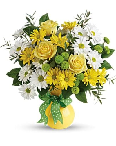 <p data-start="147" data-end="408">Deliver a dose of sunshine and smiles with Daisies and Dots, a joyful bouquet that radiates happiness. With its bright blooms and whimsical styling, this arrangement is perfect for turning any day into a celebration.</p>
<p data-start="410" data-end="747">A happy mix of white and yellow daisy spray chrysanthemums is paired with green button spray chrysanthemums for extra pop and texture. Accented with fresh lemon leaf and parvifolia eucalyptus, the bouquet is arranged in Teleflora’s bright yellow Serendipity vase and topped off with a playful polka dot bow for a fun and friendly finish.</p>
<p data-start="749" data-end="1034">Daisies and Dots is the ideal pick for birthdays, get-well wishes, thank-you gifts, or any moment that calls for lighthearted charm. Its sunny color palette and classic daisy appeal make it universally loved and suitable for all ages. It’s like sending a cheerful hello in floral form.</p>
<p data-start="1036" data-end="1370">Every bouquet is thoughtfully designed by the florists at Rosa’s La Hacienda, your trusted local flower shop in Boca Raton. We offer same-day flower delivery throughout Boca Raton and the nearby neighborhoods, with every arrangement created and delivered by hand. You can count on us for fresh flowers and reliable service every time.</p>
<p data-start="1372" data-end="1617">Want to make your gift even more special? Add a personalized message at checkout to let your recipient know you’re thinking of them. With Daisies and Dots, you’ll send more than just flowers—you’ll send pure joy, beautifully wrapped in sunshine.</p>
<p data-start="1619" data-end="1699">Order today from Rosa’s La Hacienda and spread some smiles, one daisy at a time.</p>