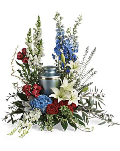 <div class="m-pdp-tabs-description">
<div id="mark-1" class="m-pdp-tabs-marketing-description">
<p data-start="191" data-end="449">Celebrate a life of pride, service, and patriotism with a floral tribute that commands respect and admiration. The <em data-start="306" data-end="336">Reflections of Honor Tribute</em> is a bold and dignified arrangement designed to honor a loved one with deep gratitude and heartfelt remembrance.</p>
<p data-start="451" data-end="881">This patriotic bouquet features a stunning mix of red, white, and blue blooms including blue hydrangea, white dendrobium orchids, red roses, white Asiatic lilies, red alstroemeria, red carnations, blue delphinium, and white snapdragons. Complementary greenery such as dusty miller, myrtle, huckleberry, variegated ivy, curly willow, aralia leaves, parvifolia eucalyptus, spiral eucalyptus, and lemon leaf add texture and fullness.</p>
<p data-start="883" data-end="1131">Ideal for families and friends seeking a meaningful tribute to accompany a cremation urn, this arrangement conveys honor, respect, and patriotism. Please note, this arrangement does not include the urn itself and is intended as a floral complement.</p>
<p data-start="1133" data-end="1426">Each <em data-start="1138" data-end="1168">Reflections of Honor Tribute</em> is handcrafted by the skilled florists at Rosa’s La Hacienda, your trusted local florist in Boca Raton. We offer same-day delivery throughout Boca Raton and surrounding communities to ensure your tribute arrives fresh, beautiful, and respectfully presented.</p>
<p data-start="1428" data-end="1596">Add a personal message at checkout to accompany your heartfelt gift. With the <em data-start="1506" data-end="1536">Reflections of Honor Tribute</em>, you send a lasting symbol of love, honor, and remembrance.</p>
</div>
</div>
