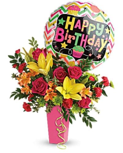 <p data-start="122" data-end="437">No celebration is complete without flowers, and Birthday Bash is the perfect way to kick off the party. Bursting with bold colors and topped with a cheerful “Happy Birthday” balloon, this arrangement delivers joy, fun, and unforgettable birthday cheer.</p>
<p data-start="439" data-end="821">This lively bouquet features hot pink roses, sunny yellow Asiatic lilies, orange alstroemeria, red miniature carnations, green button spray chrysanthemums, huckleberry, and oregonia. The vibrant blooms are presented in a raspberry-hued tapered vase that adds a playful, polished touch. A festive mylar balloon crowns the arrangement, making it feel like a complete birthday package.</p>
<p data-start="823" data-end="1074">Birthday Bash is ideal for friends, family, coworkers, or anyone who deserves a colorful surprise on their special day. The bright colors and energetic mix of flowers make it a standout centerpiece for parties or a thoughtful gift that shows you care.</p>
<p data-start="1076" data-end="1384">Each arrangement is handcrafted by Rosa’s La Hacienda, your trusted local florist in Boca Raton. We offer same-day flower delivery throughout Boca Raton and nearby neighborhoods, with every bouquet arranged by hand and delivered with care. No mass production—just real flowers, real smiles, and real service.</p>
<p data-start="1386" data-end="1601">Want to make it even more personal? Add a custom message during checkout and help create a moment they’ll always remember. With Birthday Bash, you’re not just sending flowers—you’re delivering a full-on celebration.</p>
<p data-start="1603" data-end="1701">Order now from Rosa’s La Hacienda and help someone’s birthday bloom in the brightest way possible.</p>